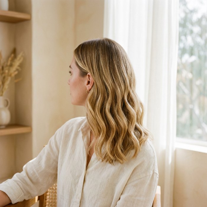 Miodowy blond balayage na falowanych włosach do ramion, w świetle okna