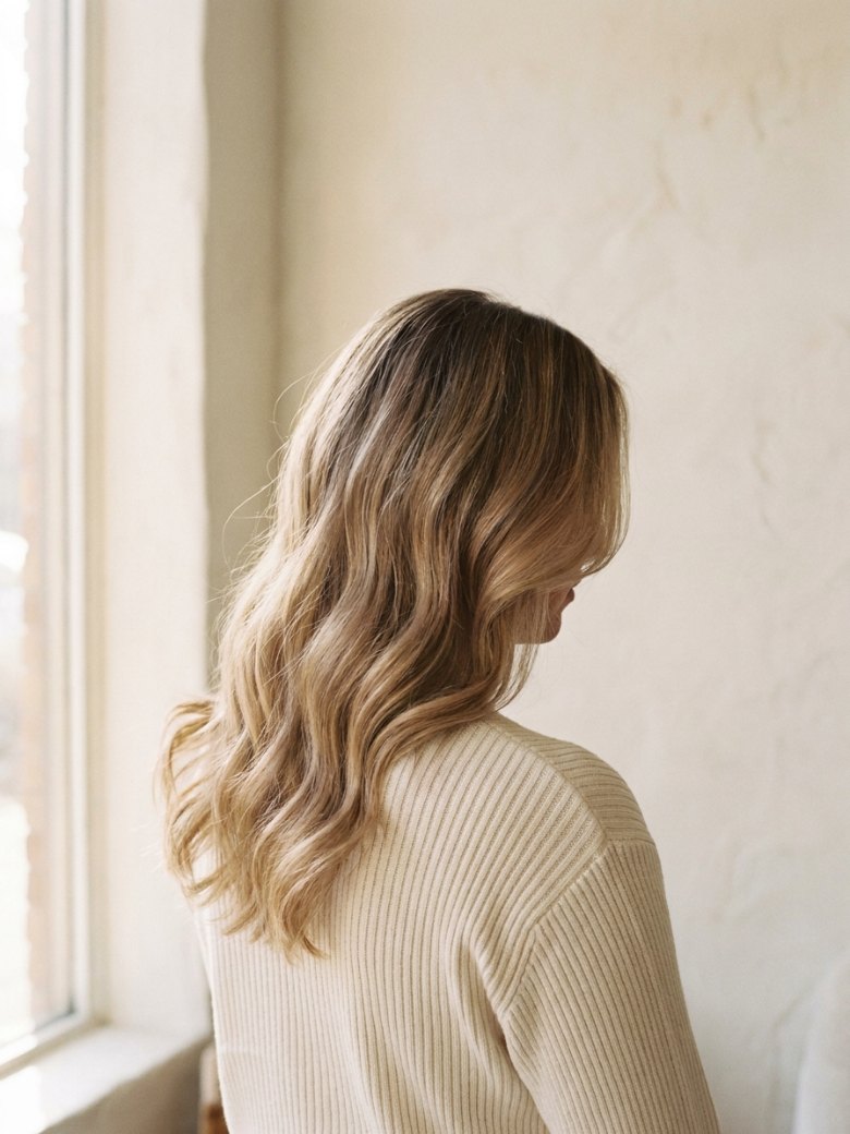 Po: ciepły beżowy blond wykonany techniką balayage
