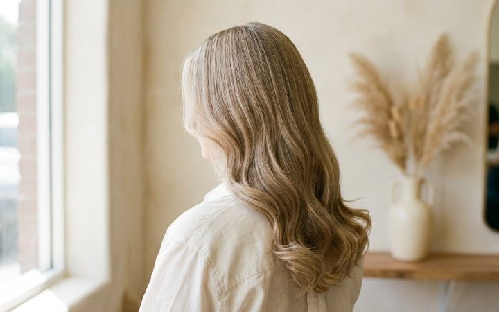 Jasny beżowy blond po rozjaśnianiu wykończonym tonerem, bez żółtych tonów