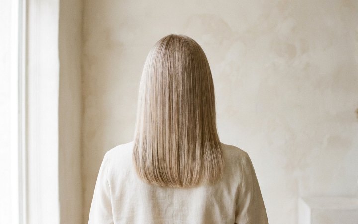 Perłowo-beżowy blond po tonerze, lustrzany połysk bez żółtych tonów