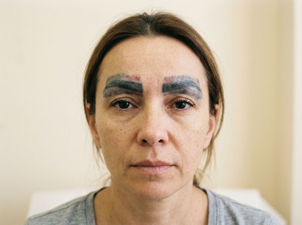 Stary makijaż permanentny — zbyt ciemny i szeroki, pigment wpadający w szarość
