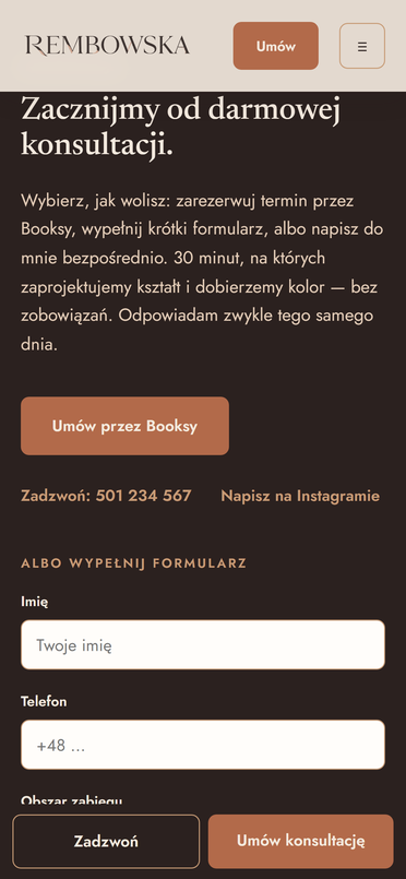 Formularz rezerwacji na stronie rembowska.pl - klientka zostawia numer